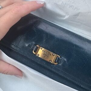 Prada Navy Leather Clutch with Gold Accent
